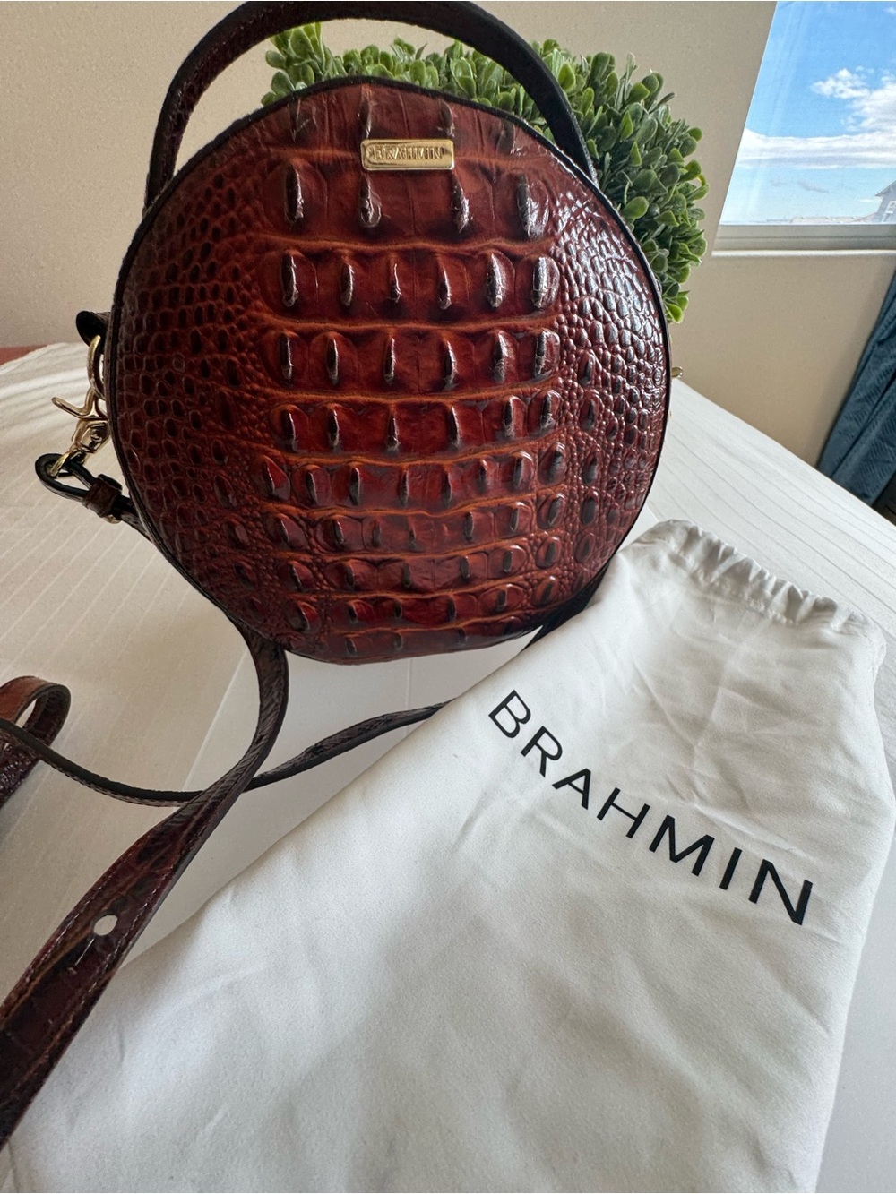 Brahmin Chestnut Croc-Embossed Round Crossbody Bag